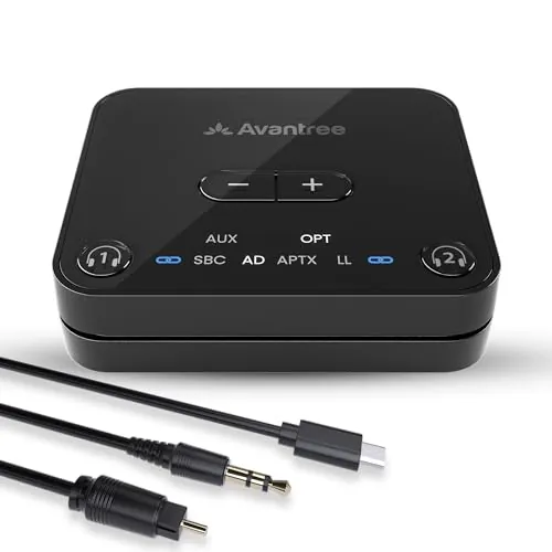 Avantree Audikast 3 - Transmisor Bluetooth 5.3 para TV con Puerto de Salida de Audio óptico o AUX, aptX-Adaptive, Conexión Dual para 2 Auriculares y Alcance de 30 Metros