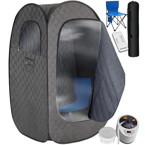 tectake® Sauna Portatil de Vapor 2L con 1000W, 15 Niveles de Temperatura, Temporizador, Sauna Plegable, Mando a Distancia, Silla Plegable, Bolsas de Transporte, Vaporizador - Gris