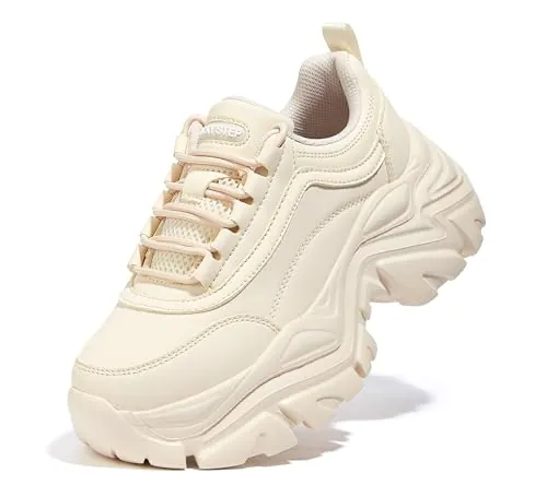 LUCKY STEP Zapatillas Gruesas para Mujer, Zapatos Casuales con Plataforma de Moda, cómodas Zapatillas de tacón de cuña (Beige, 8US-38EU-5UK)