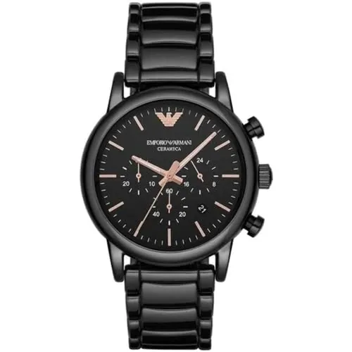 Emporio Armani Reloj Hombre, Movimiento cronógrafo de cuarzo, 43mm Caja de cerámica negra con correa de cerámica, AR1509, Negro y tono oro rosa