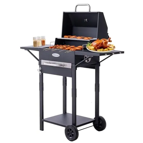 HOMAVO Barbacoa carbón con tapa, Parrilla 2 en 1 de pie y mesa, Compacta para balcón y jardín, Termómetro, Zona mantener caliente, Fácil de mover y limpiar