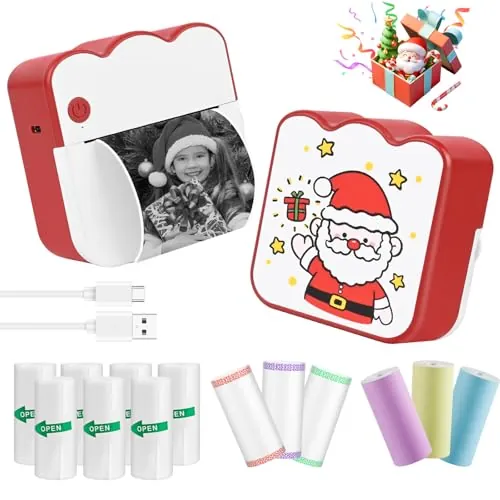 Ambesty Mini Impresora para Movil, Navidad Impresora Fotográfica con 13 Rollos de Papel, Portátil Mini Impresora Bluetooth Inalámbrico Impresora Térmica, Movil Impresora Fotos, para Fotos Nota, Imagen