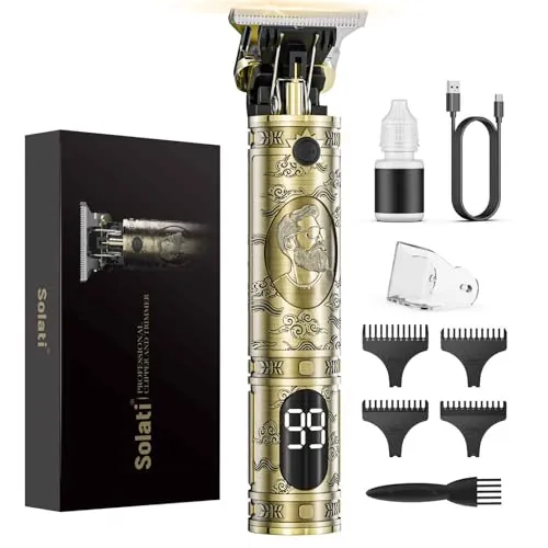 Maquina de Cortar Pelo Hombre, Maquina de Afeitar Hombre Eléctrica con LED Cortapelos Recortar Barba Sin Cable Maquinilla de Afeitar Cortar Pelo Para el Hogar y el Salón (Bronce)