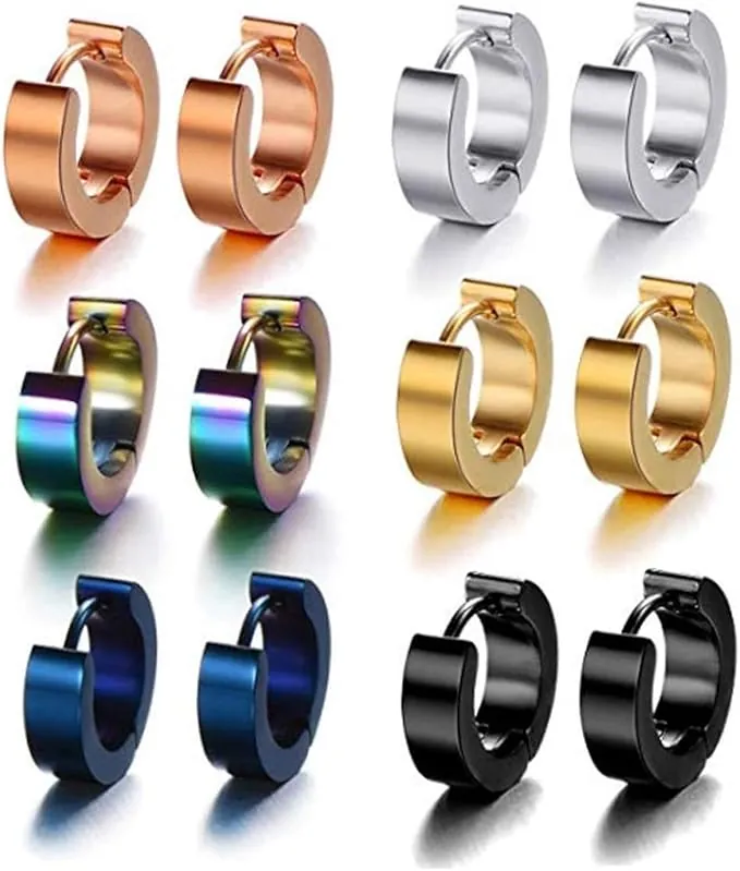 Juego de 6 pares de pendientes de aro de acero inoxidable 316L para hombres y mujeres（-）
