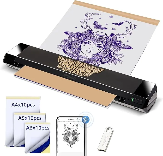 ORGBRO X8 Termocopiadora Tattoo, Impresora Térmica Tattoo Bluetooth con 30 Hojas de Papel de Transferencia, Maquina de Tatuar para Principiantes y Artistas del Tatuaje, Compatible con TeléFonos/Pc