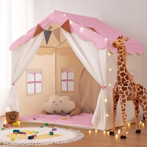 besrey Tienda de Campaña Infantil 2 en1 con Alfombra Acolchada, Luces y Banderas, Casita Infantil Tela de Juegos con 2 Puertas y 4 Ventanas, Cabañas para Niños (Rosa)