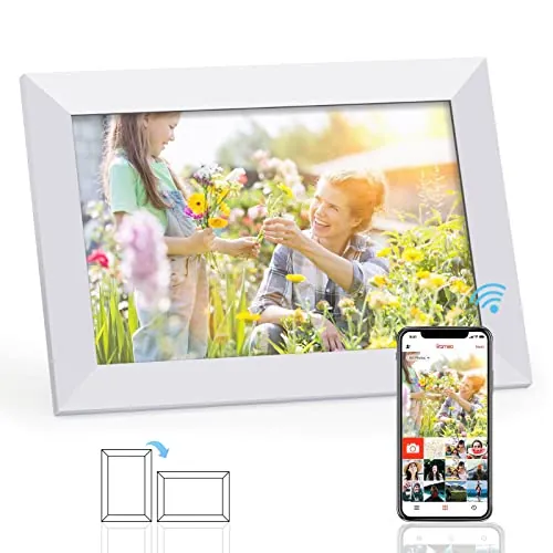 Marco de Fotos Digital WiFi, 10 Pulgadas Marco Digital Inteligente, 1280x800 Pantalla Táctil HD, con Memoria 16GB, Rotación Automática, Compartir Imágenes y Video a través de la Aplicación,Blanco