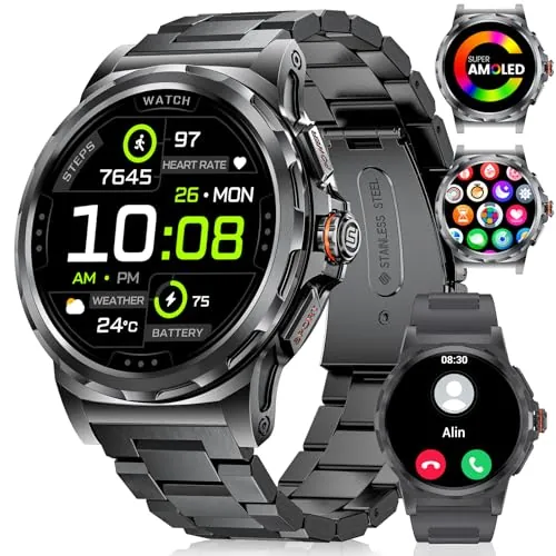 HIRREO 2025 Reloj Inteligente Hombres,1.43'' AMOLED Smartwatch Hombre Monitor de Sueño, 5ATM Impermeable Smartwatch Militar con Wasap Llamadas para Android iOS