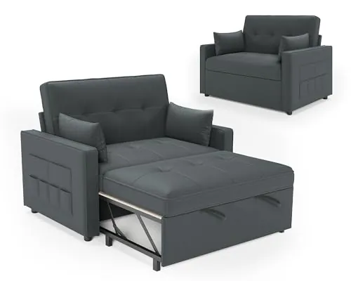 LUXOAK Sofá cama de 186 x 122 cm con respaldo ajustable de 5 niveles, sofá cama 3 en 1 con cojín y bolsillo lateral, sofá de lino gris para habitaciones de invitados y espacios pequeños