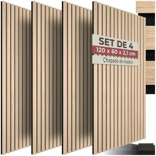 tectake® Paneles Acusticos Decorativos MDF, Chapa de Madera Real, Excelente Acústica, Tejido de Fieltro y Madera, Insonorización Acústica Pared - 60 x 120 x 2,1 cm 4 Paneles Roble Claro
