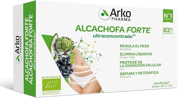 Arkopharma - Arkofluido Alcachofa Forte, 20 Ampollas, Complemento Alimenticio Detox con Alcachofa, Aloe Vera, Hinojo, Mate y Uva, Control de Peso, Ayuda en la Retención de Líquidos, Apto para Veganos