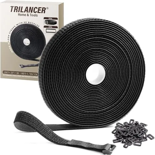 Trilancer Cinta Sujeta Cables Reutilizables 10m x 2cm con 50 Hebillas, Bridas Negras Ajustables para Gestión y Organizador de Cables, Cortable a Medida, Negro