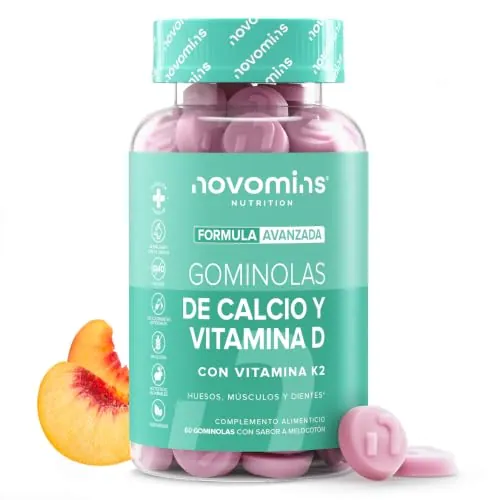 Calcio con Vitamina D3 y K2 | 60 Gominolas | 60 Gominolas | Novomins | Sin Gluten | 400 mg de Calcio, 600 UI de Vitamina D y 200 µg de Vitamina K2 por Ración | Huesos, Dientes y Músculos | 1 Mes