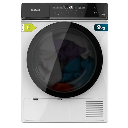 Cecotec Secadora de Bomba de Calor 9kg Bolero DressCode Dry 9400 Inverter, Clase Equivalente A+++, 15 programas, Funciones de Secado Automático, Planchado Fácil, Stop&Go, Delay Start y KidLock, Blanca