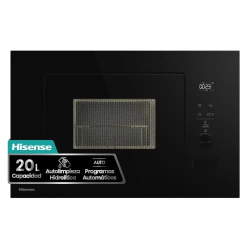 Hisense BIM320G52BG - Microondas integrable, 20L, Fondo 35cm, Autolimpieza Hidrolítica, Programas Automáticos, Cocción Multietapa, Descongelado por Tiempo y Peso, Cristal Negro