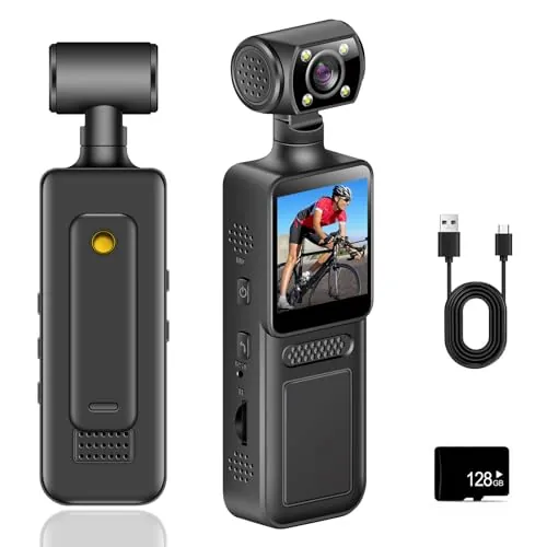 BAKENLON Cámara Corporal 4K, Cámara de Bolsillo con 64 GB Incluidos, Camara Corporal/Vlog/POV con Lente Giratoria de 180°, 4K Body CAM Portátil para Deporte, Bicicleta, Viajes