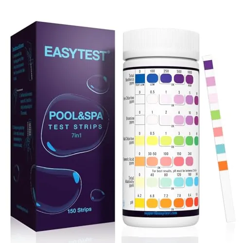EASYTEST 150 Tiras Reactivas de Prueba Piscina y Spa 7 en 1, Tiras Para Bañera de Hidromasaje pH Prueba, Alcalinidad, Dureza Total, Medidor Cloro Libre, Acido Cianurico,Cloro y Bromo
