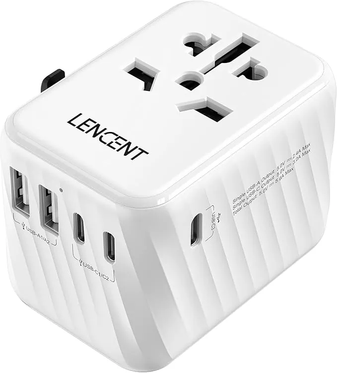 LENCENT Adaptador Enchufe Universal para Viaje, Cargador Internacional con 3 Puertos USB-C de 5,6A y 2 USB-A, Adaptador Enchufe Europeo para Móvil, Tableta, Portátil, EU/USA/UK/AU, Blanco