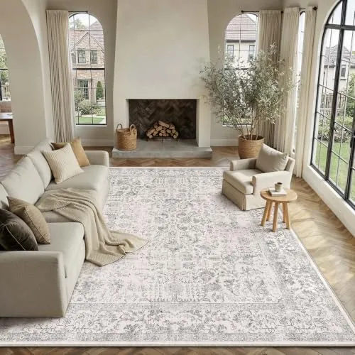 HUGEAR Alfombra Salon Gris Antideslizante Alfombras Lavables en Lavadora Tapetes para Sala 200x300cm Habitacion Dormitorio Comedor Flor Vintage Grande Tapete Pelo Corto tapete Quarto
