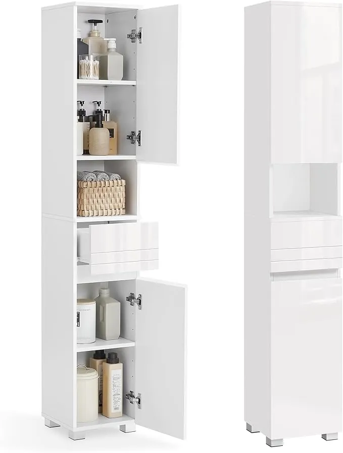 VASAGLE Armario de Baño, Mueble de Almacenamiento, con un Cajón, Compartimientos, Estantes Ajustables, 30 x 30 x 170 cm, Blanco Nube BBC560P31