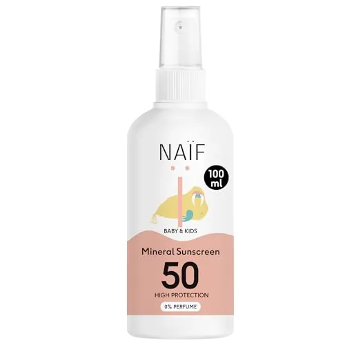 Naïf - Spray protector solar mineral - Bebé y niño - 0% perfume - FPS 50 - Spray sin octocrileno - Protección UVA y UVB - Resistente al agua - Dermatológicamente probado - Sin microplásticos - 100 ml