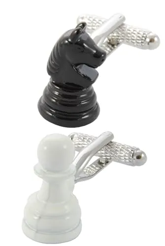 Gemelos Camisa Hombre Ajedrez - Con Caja - Gemelos para Camisas - Impresionantes Piezas De Ajedrez - Caballo y Peon Icónico - Latón - Color Negro y Blanco - Juego de Mesa Hobby - Un Par