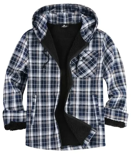 JACKETOWN Chaqueta Leñador Hombre Camisera Forrada para Hombre Capucha a Cuadros de Franela Cremallera Sherpa Trekking Invierno Camisa Franela Actividades al Aire Libre(Azul Marino L)