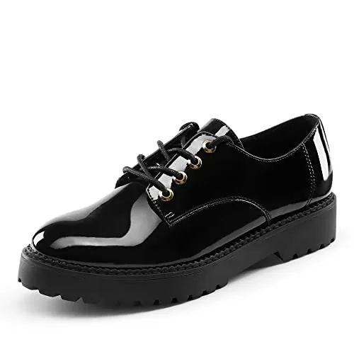 DREAM PAIRS Oxford Planos Cordones Mujer,Size 40,Negro/Pat | Upper PU, plantilla espuma gruesa, suela TPR con tacos, cordones, estilo formal y casual.