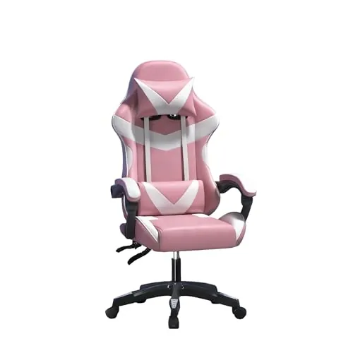 Baroni Home Silla Gaming con respaldo ergonómico inclinable y altura ajustable, silla de oficina con soporte lumbar, reposacabezas acolchado, 50 x 62 x 110-120 cm, rosa y blanca