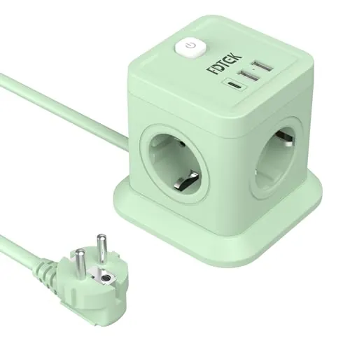 FDTEK Cubo Regleta Enchufes, Ladron Enchufe con 4 AC Tomas y 2 USB A+1 USB C, Enchufe Multiple con Interruptor, Cable 1,8 m, Adecuado para Casa, Oficina y Los Viajes, Verde