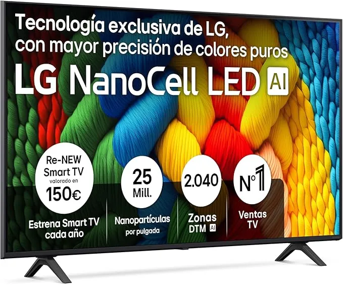 LG 55NANO80A6B - TV 55", 4K NanoCell, Smart TV, LED IA, WebOS 25, Procesador Potente e Inteligente, Super Upscaling, Dolby Digital Plus, Alexa/Google Assistant, Negro