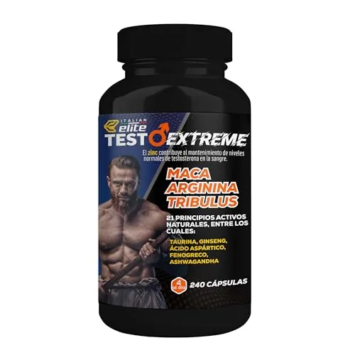 Italian Elite® Testo Extreme 240 cápsulas Maca 8000mg. Potenciador Estimulante Natural de la Testosterona con Tribulus, Fenogreco, Zinc, Arginina, Ashwagandha, Vitaminas y Minerales