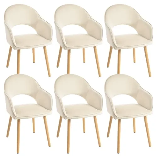 Goeurvant Juego de 6 Sillas de Comedor con Reposabrazos, Sillas Tapizadas para Salón y Cocina, Sillones Modernos con Patas de Madera - Marfil