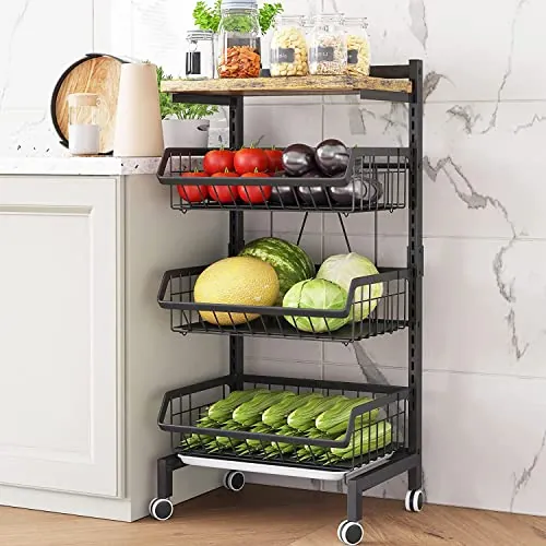 COVAODQ Carrito Cocina,Carro de 4 Niveles con de Cesta Ruedas bloqueables,para el hogar,Restaurante(Tabla de Madera)