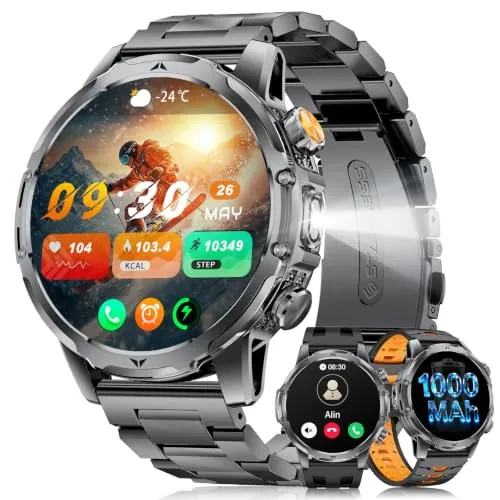 LIGEMI Reloj Inteligente Hombre con 1000mAh/Linterna, 1.53" HD Militar Smartwatch Hombre con Llamadas Bluetooth, Monitor de Sueño, SpO2, IP68 Impermeable, 120+ Modos Deportivos para Android iOS