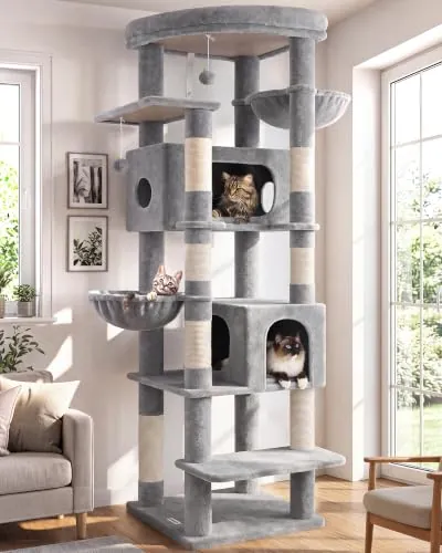 Globlazer Árbol Rascador Grande Alto 188 cm con 2 Grandes Nidos, 48 * 48CM Plataformas Acolchada, 2 Felpa Cesta, Estable Árbol Torre para Grande Gato 3-5 Adulto Gatos Más de 5 kg (S74, Gris Claro)