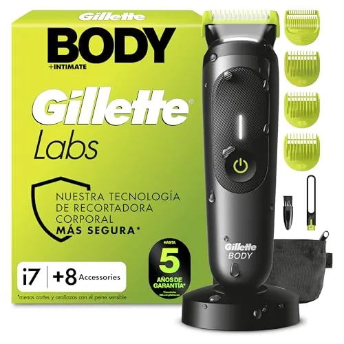 GilletteLabs i7 Body + Intimate Afeitadora Corporal, 8 Accesorios, Negro