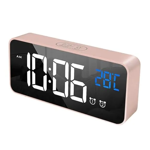 HOMVILLA Reloj Despertador Digital con Gran Pantalla de Temperatura LED, Alarma de Espejo portátil con Doble Alarma Roupillon Tiempo atenuador de Brillo Ajustable en 4 Niveles (Rosa)