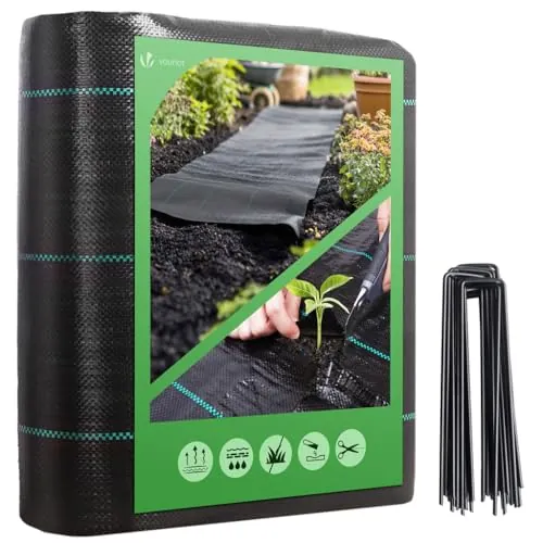VOUNOT® Malla Antihierbas con 50 Clavijas de Jardín, Tela Geotextil para Control de Maleza, 2 m x 25 m, 100 g/m², Resistente a la Rotura y Estabilizada contra UV