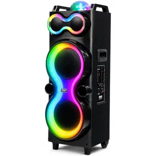 Pyle Altavoz Bluetooth Portátil Grande con Luces LED en forma de 8, Karaoke | Estereo, Mayor Potencia y Graves mas Agudos, Multiples Modos de Iluminacion, Microfono Incluido