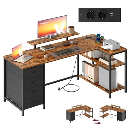 VASAGLE Escritorio Esquinero en L con Enchufes, Escritorio Gaming, Diseño Reversible, Estantes Ajustables, 4 Cajones, 2 Puertos USB, Estudio, Oficina, 160 x 80 cm, Marrón Rústico LWD173KD01