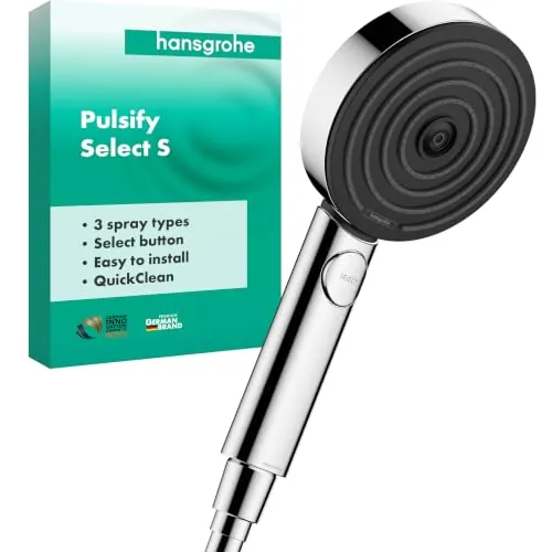 hansgrohe Pulsify Select S - ducha de mano, alcachofa de ducha con 3 tipos de chorro (versión Relaxation), cabezal de ducha redondo (⌀ 105 mm), con sistema antical, cromo, 24110000
