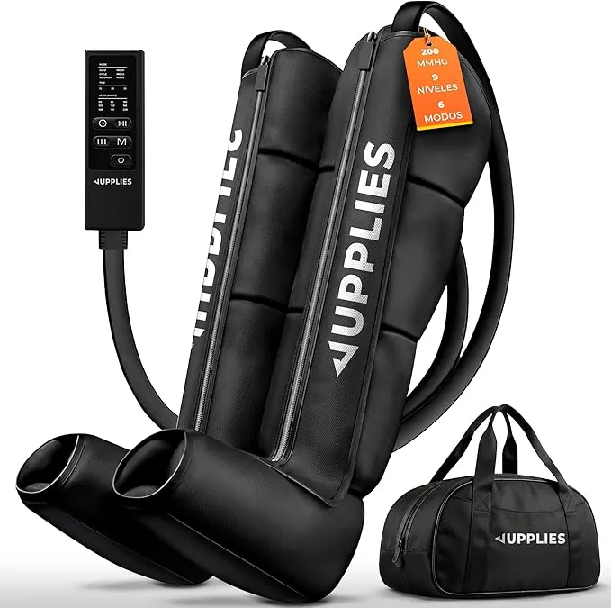 JUPPLIES Máquina Presoterapia para Casa con Botas - 6 Modos, 9 Niveles y Temporizador - Presoterapia Piernas Profesional para Drenaje Linfático, Circulación y Recuperación Muscular - con Bolsa (M)