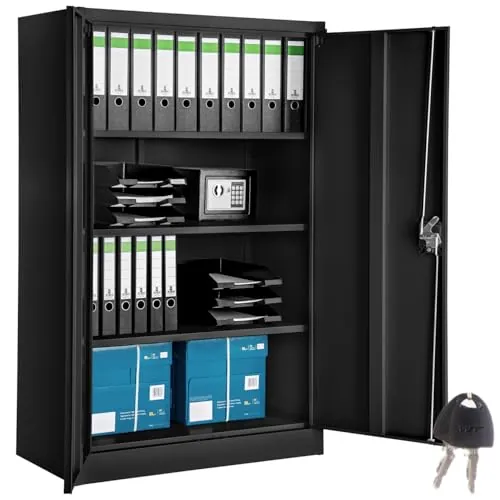 tectake® Armario Archivador, Cierre De Seguridad, 4 Alturas, Cajones Ajustables, Mueble Oficina, Acero, Puertas Reforzadas, Limpieza Sencilla, Candado De Seguridad - 140x40x90cm Negro