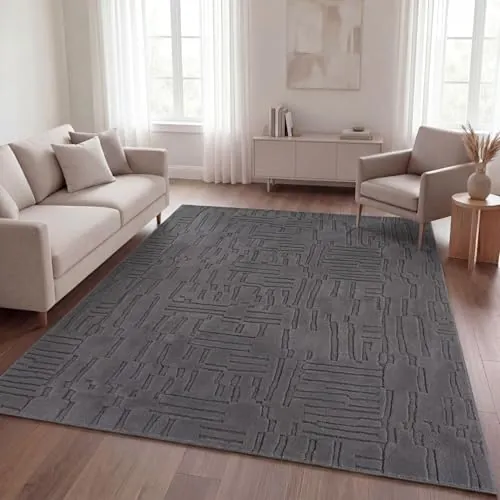 TT Home Alfombra Habitación Salon Pelo Largo Estilo Nordico Abstract Monocromo Lavable, Antracita 6, 200x280 cm