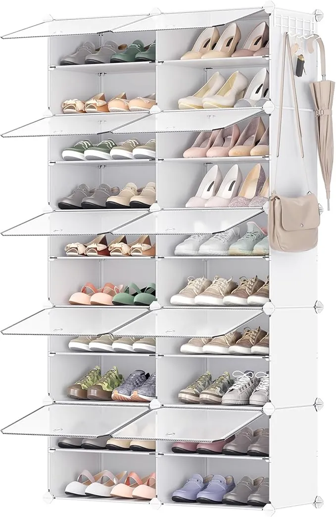 SONGMICS Mueble Zapatero Plástico, 10 Compartimentos para 40 Pares de Zapatos, con Puertas, Estructura de Acero y Estantes de Plástico, Armario para Dormitorio, Blanco Nube y Transparente LPC035W01