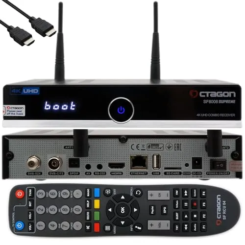 Octagon SF8008 - Receptor 4K UHD HDR Combo 1 x DVB-S2X y 1 x DVB-C/DVB-T2, señal por satélite, cable y terrestre, E2 Linux Smart TV Box, Media Server, función de grabación, HDMI EasyMouse, wifi dual