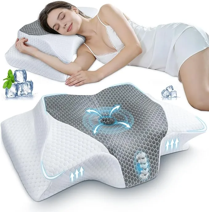 SAHEYER Almohada Cervical Ergonómica, Almohada Ortopédica para Dormir de Lado Almohada de Espuma con Memoria para Apoyar el Cuello Almohada para Dormir, 60x35,5x13/10CM, Gris Claro