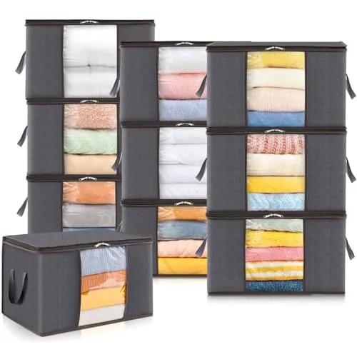 Lifewit Cajas Almacenaje Ropa Plegable con Asa Reforzada, Organizador Armario de Tejido Resistente y Ventana Transparente, Bolsas para Guardar Ropa, Mantas, Gris, 75 L, 10 Piezas