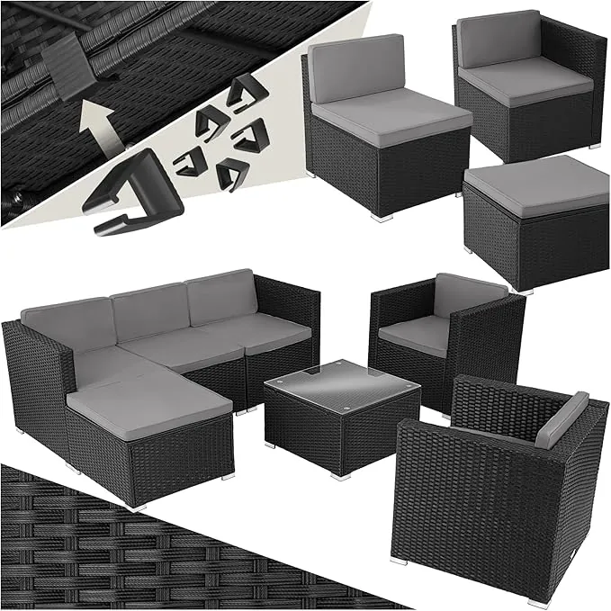 TecTake® Conjunto Jardín Combinable en Ratán y Acero de 7 plazas, Conjunto Terraza Resistente a la Intemperie, Muebles Jardín Exterior 5 Sillones, 1 Mesa Cristal, 1 Taburete, Fundas Extraíbles - Negro